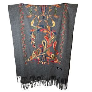 Vintage Embroidered 100% Cashmere Shawl Floral Folk Art Fringe Scarf 80x26 Large